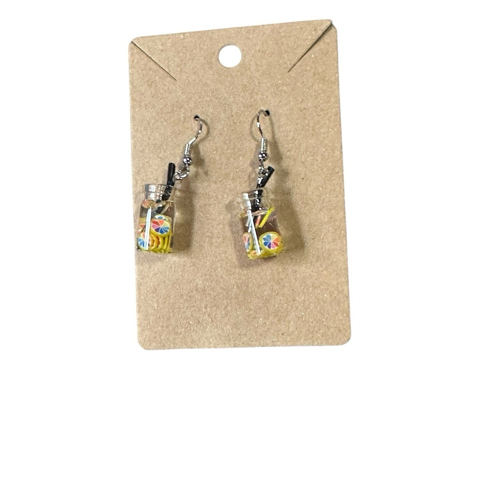 Handmade Miniature Lemon Water Jar Drop Earrings Kitsch Foodie Jewelry Yellow